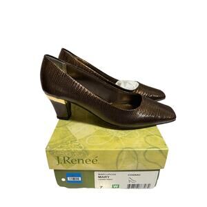 J. Renee Mary Cognac Lizard Embossed Pumps Square Toe Block Heel Size 7W